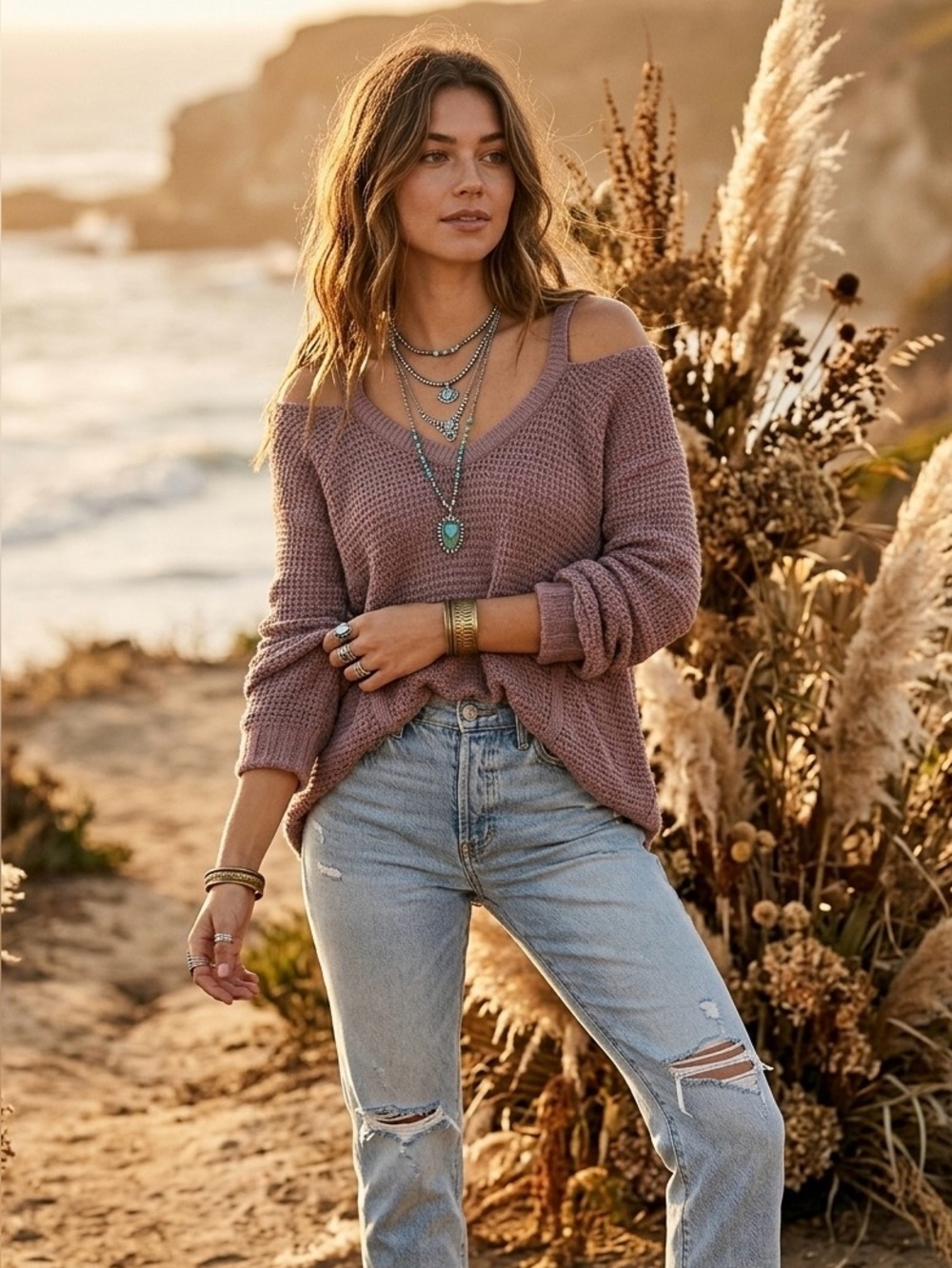 Free People Women’s Boho Mauve Cold-Shoulder V-Neck Cotton Fringe Knit Sweater